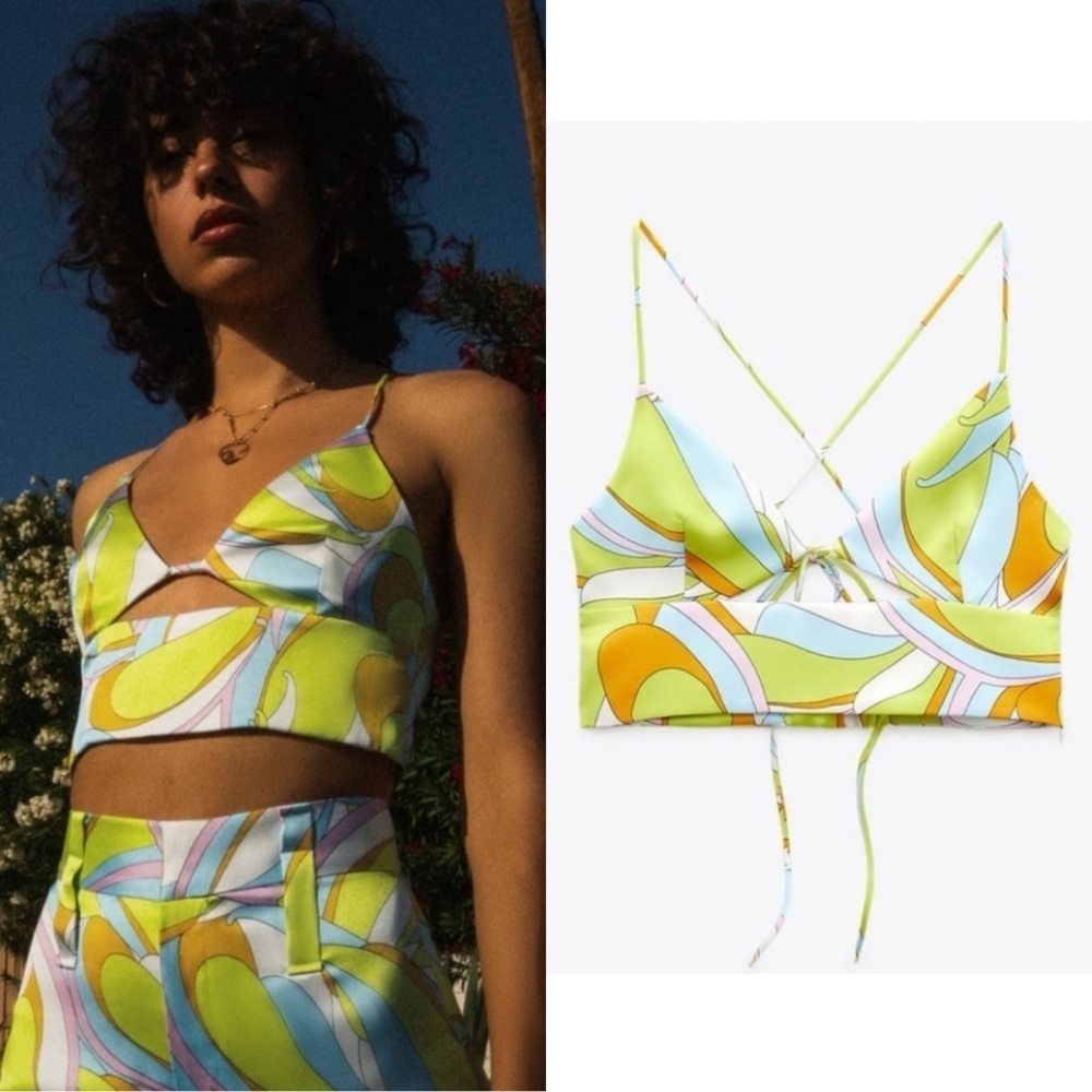 ZARA Satin Effect Cutout Strappy Groovy 70s Disco Mod Gogo Bralette Crop Top